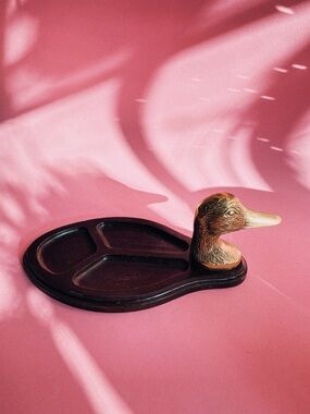 Vintage MCM Brass Duck & Wood Valet / Throw Tray